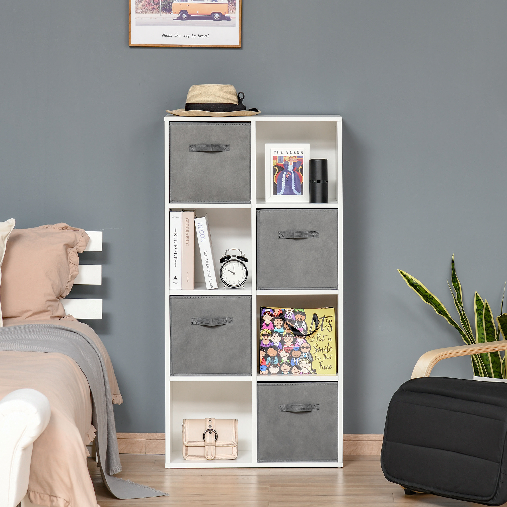 Estantería para Libros de 8 Cubos Librería Modular con 4 Cajones Extraíbles de Tela no Tejida para Oficina Estudio Dormitorio 61,5x30x121,6 cm Blanco y Gris