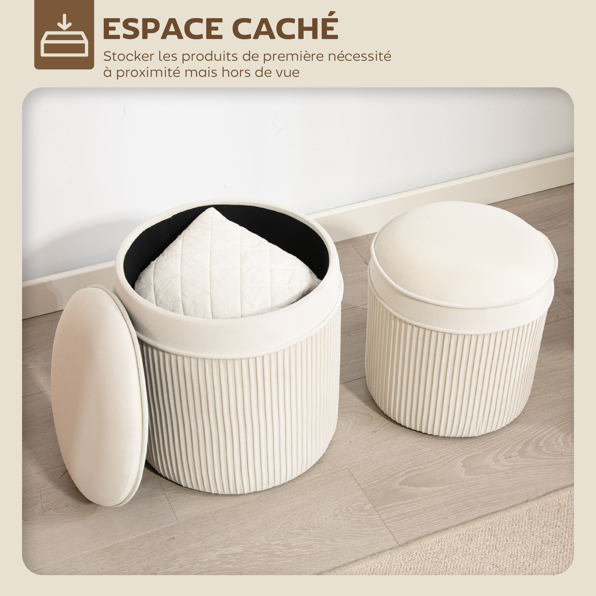 Lot de 2 poufs coffres 2 en 1 velours côtelé crème