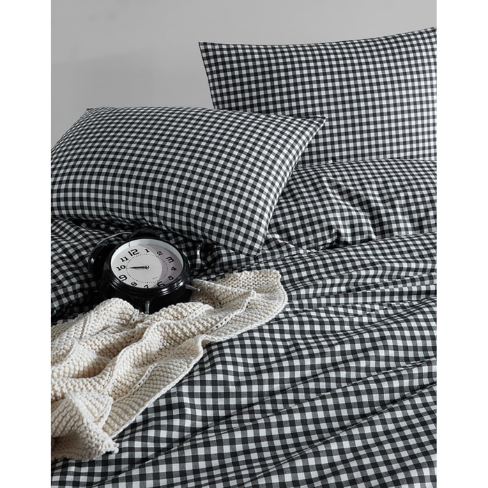 Housse de couette + taie(s) oreiller "Vichy noir" 100% coton imprimé.