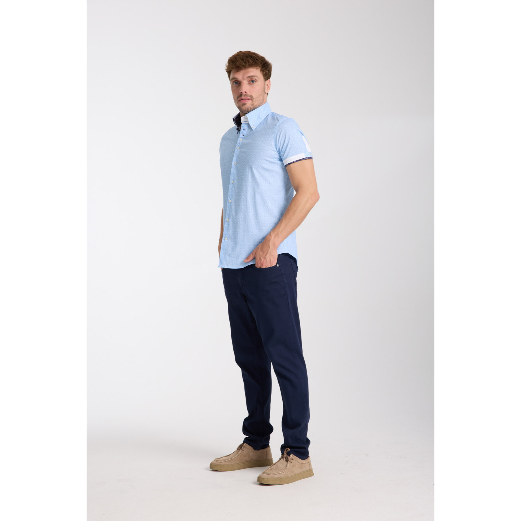 Camicia Uomo Manica Corta 2 Bottoni Button Down 7 Botto Popeline Stretch Stampato Celeste/Bianco