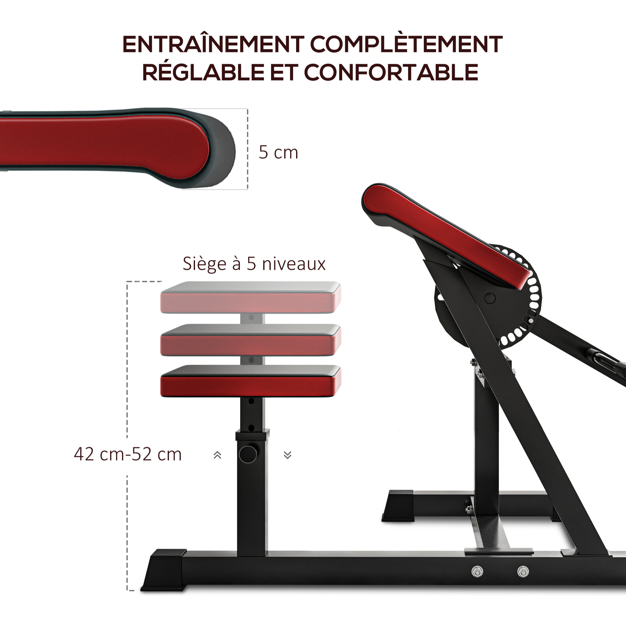 Banc à biceps preacher curl assise réglable 5 niveaux charge max. 120 Kg acier noir rouge