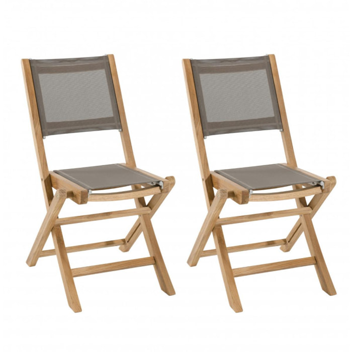 HARRIS - Ensemble de 2 chaises de jardin pliantes en bois Teck et textilène couleur taupe