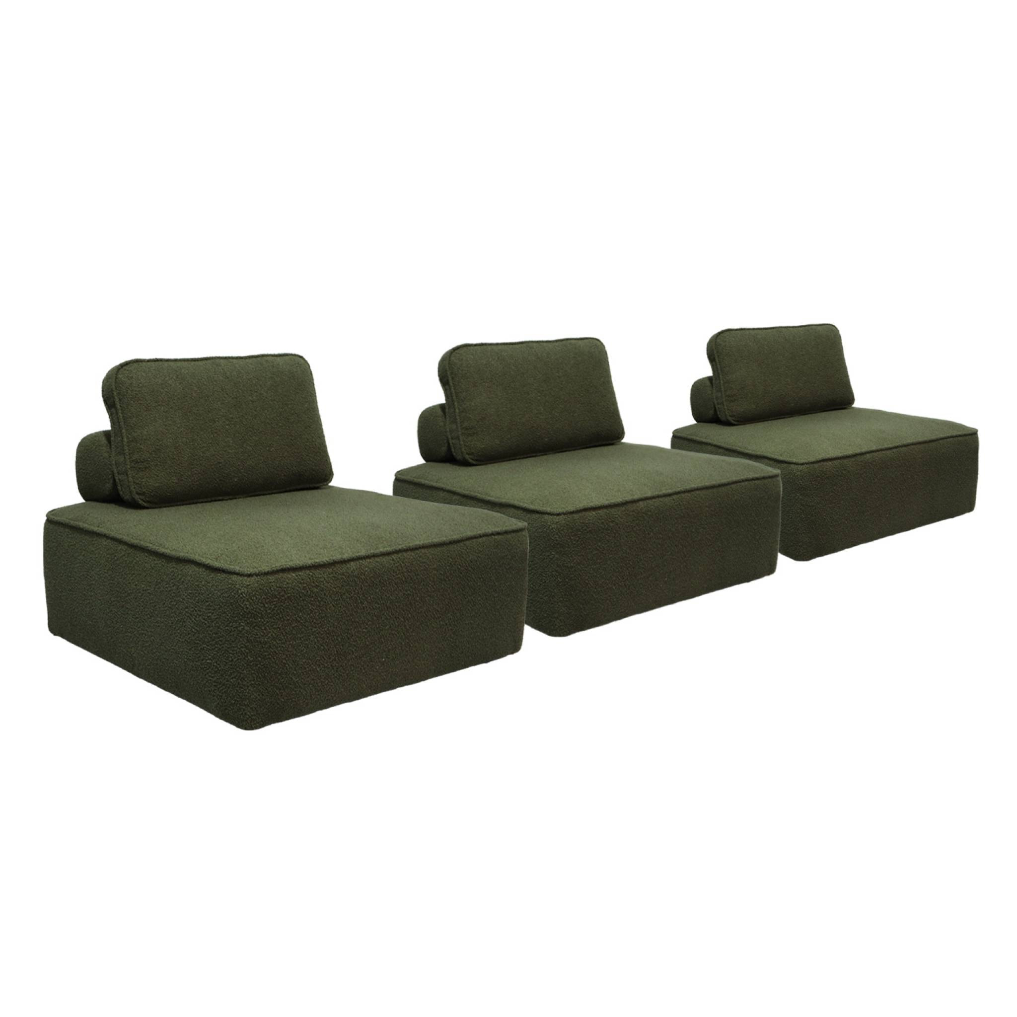 Lot de 3 chauffeuses pour canapé modulable tissu bouclette kaki 1 place Bao. L 90 x P 90 x H 74cm