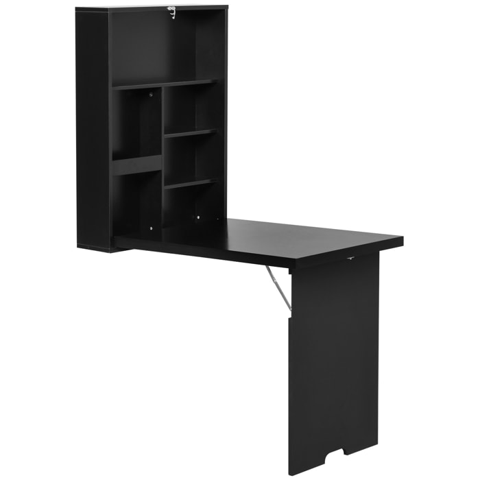 Bureau mural pliable table murale rabattable suspendue sur pied étagère + tableau à craie intégré MDF noir