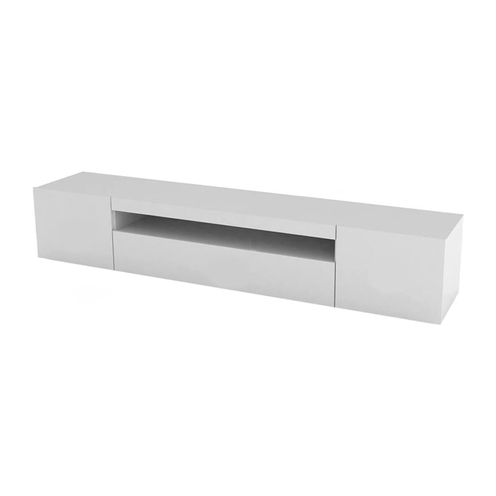 Mobile porta TV Amore, Credenza bassa da soggiorno a 3 ante, Base porta televisione, 100% Made in Italy, cm 200x40h37, Bianco lucido, con luce LED