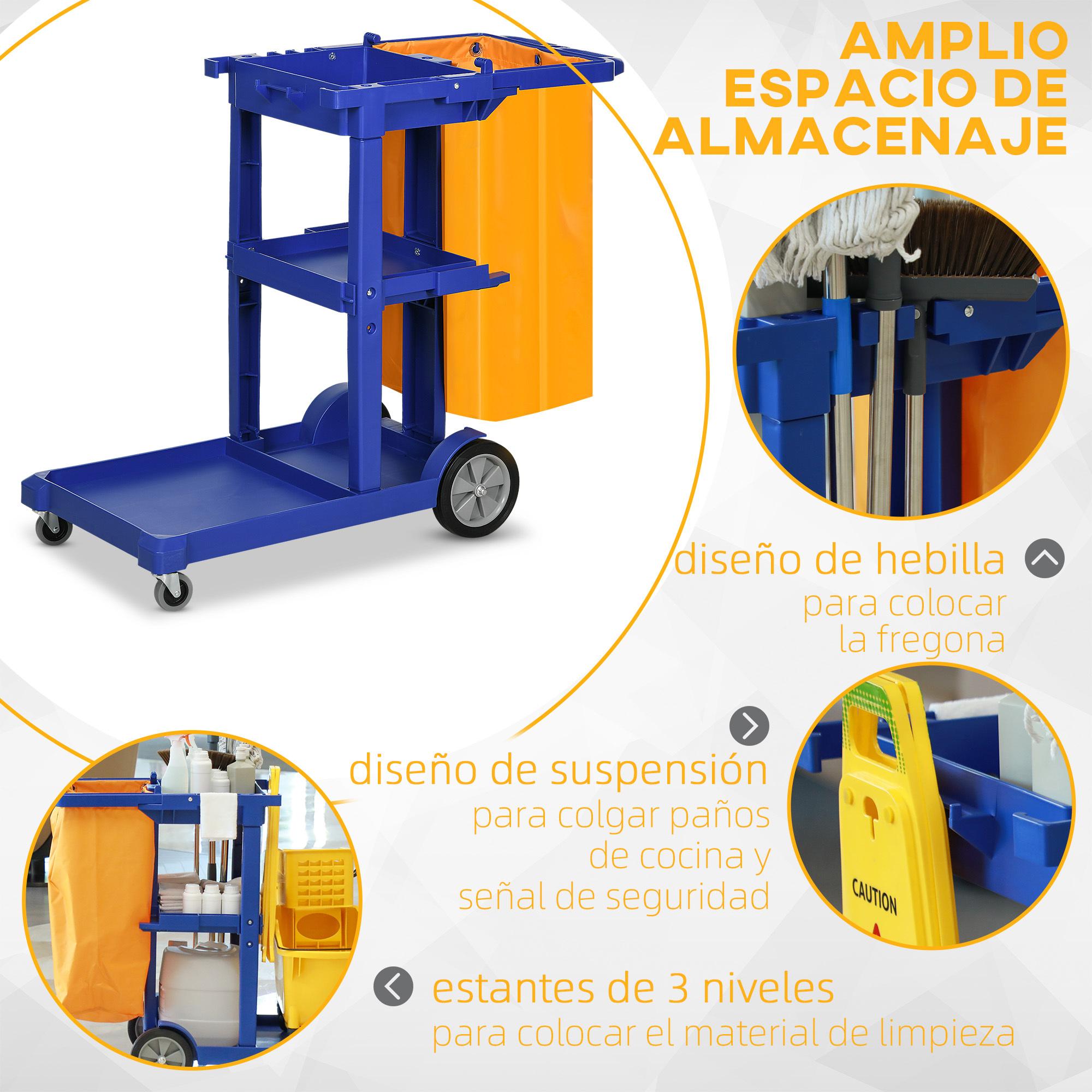 Carro de Limpieza con Bolsa Carro de Servicio con Ruedas y 3 Estantes Carro para Limpieza para Hotel Hostal 121x50,5x96,5 cm Azul y Amarillo