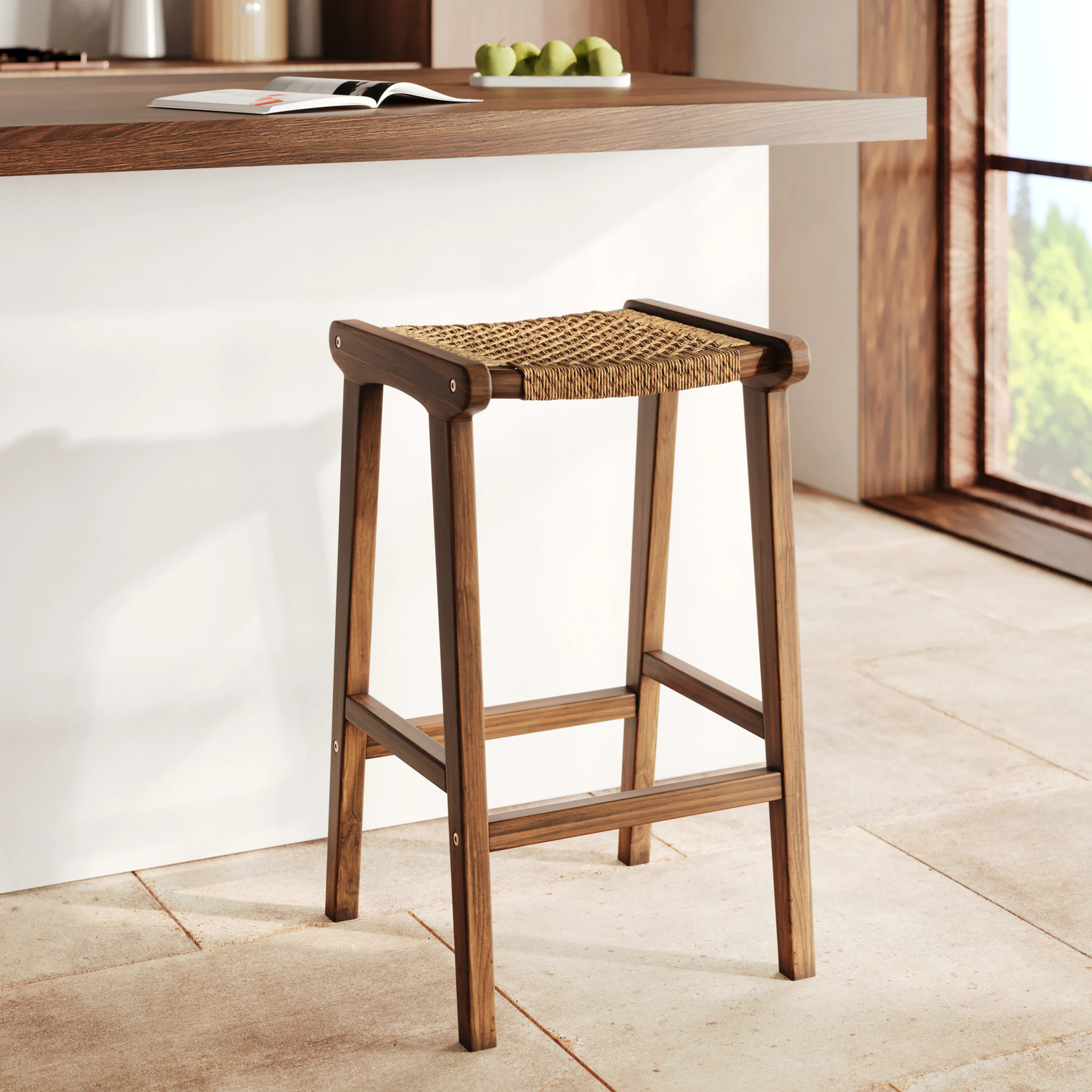 Tabouret pour îlot central 66 cm en teck vernis et tissage synthétique - Omaha