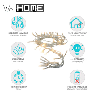 guirnalda con 80 luces led blanco cálido con temporizador y cable transparente