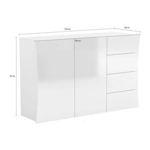 Credenza moderna, Madia di design a 2 ante e 4 cassetti, Made in Italy, Mobile Porta TV, Buffet da soggiorno, cm 124x40h82, colore Bianco lucido