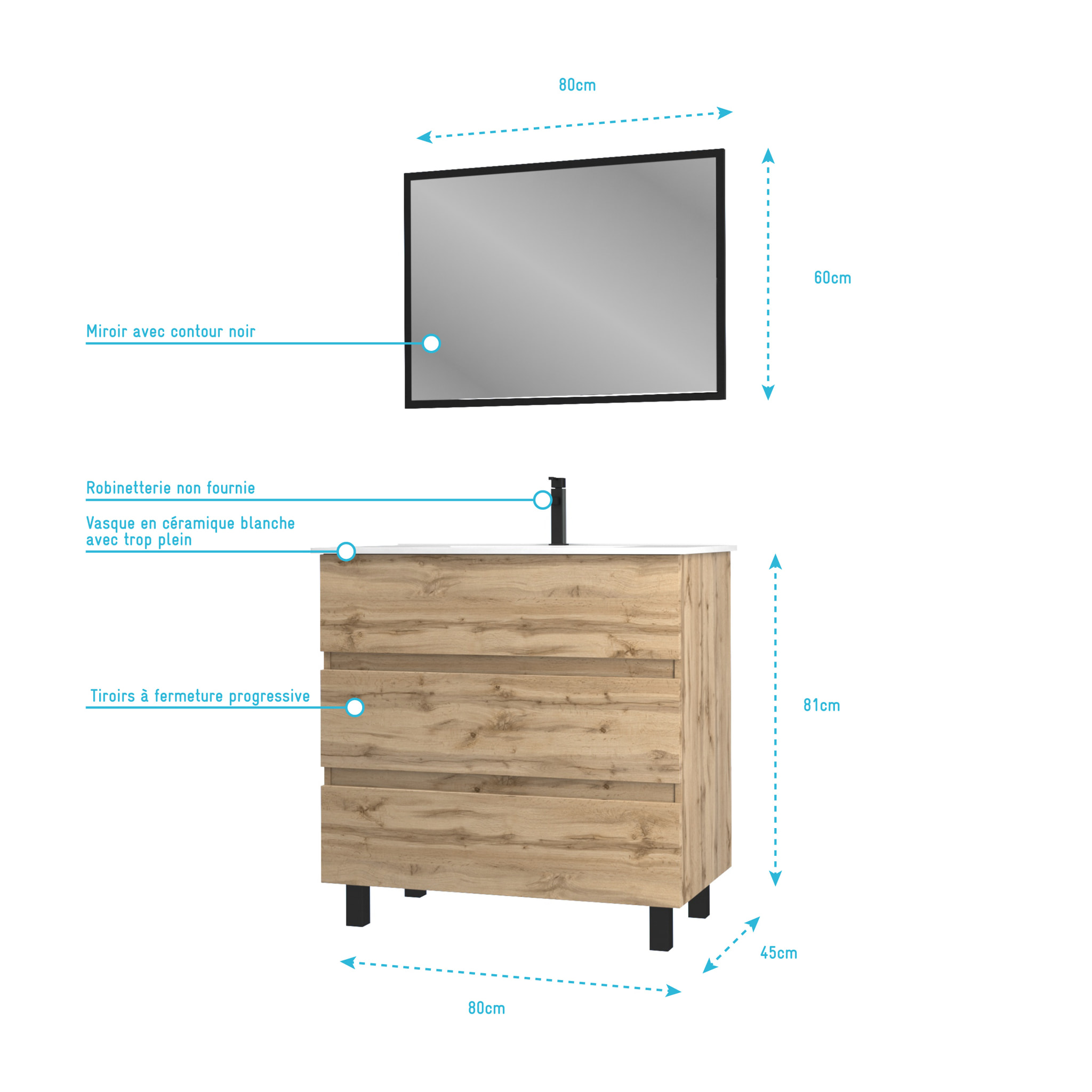 Meuble salle de bain 80x60 - Finition chene naturel + vasque blanche + miroir - TIMBER 80 - Pack 45