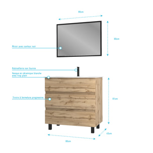Meuble salle de bain 80x60 - Finition chene naturel + vasque blanche + miroir - TIMBER 80 - Pack 45