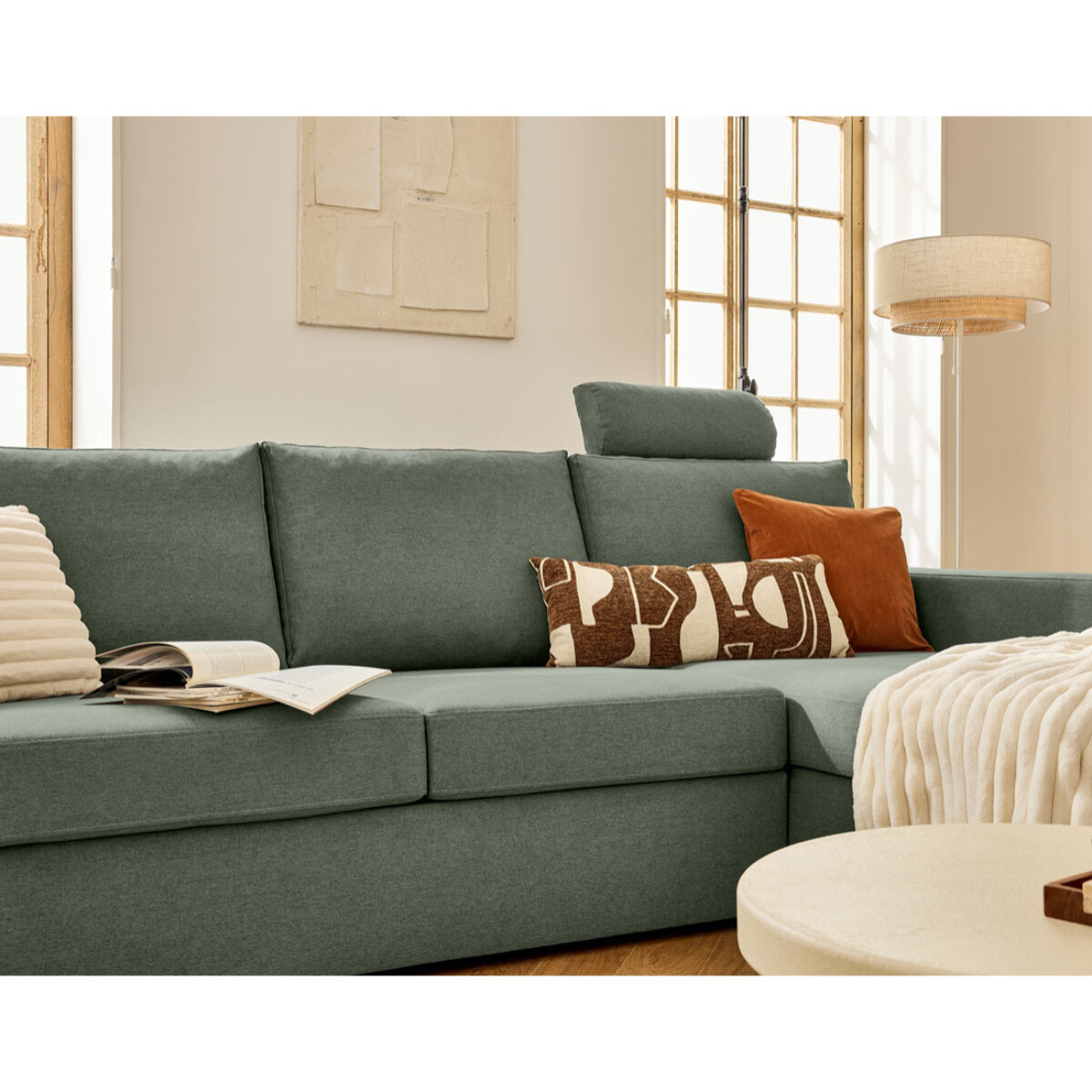 Barrie - canapé d'angle réversible 4 places avec têtière amovible en tissu - Vert