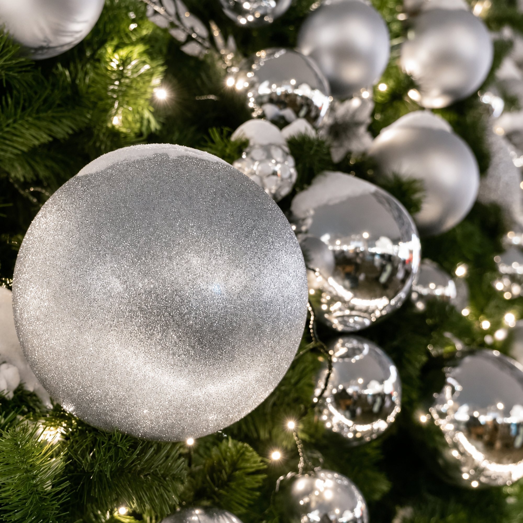 Set de 42 bolas de navidad de cristal plata, en varios tamaños y acabados