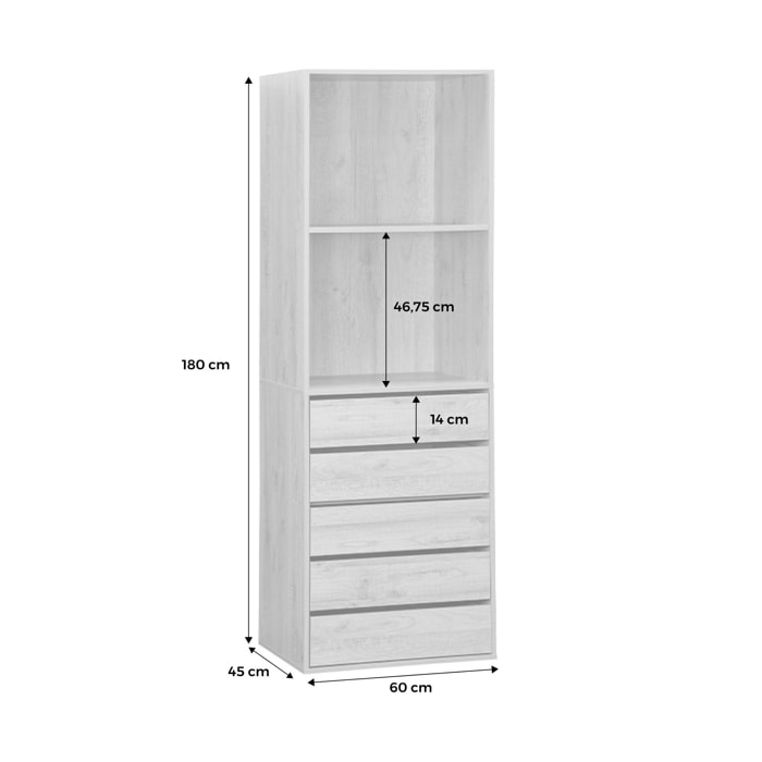 Module dressing avec 5 tiroirs et 2 étagères. blanc.  panneaux stratifiés
