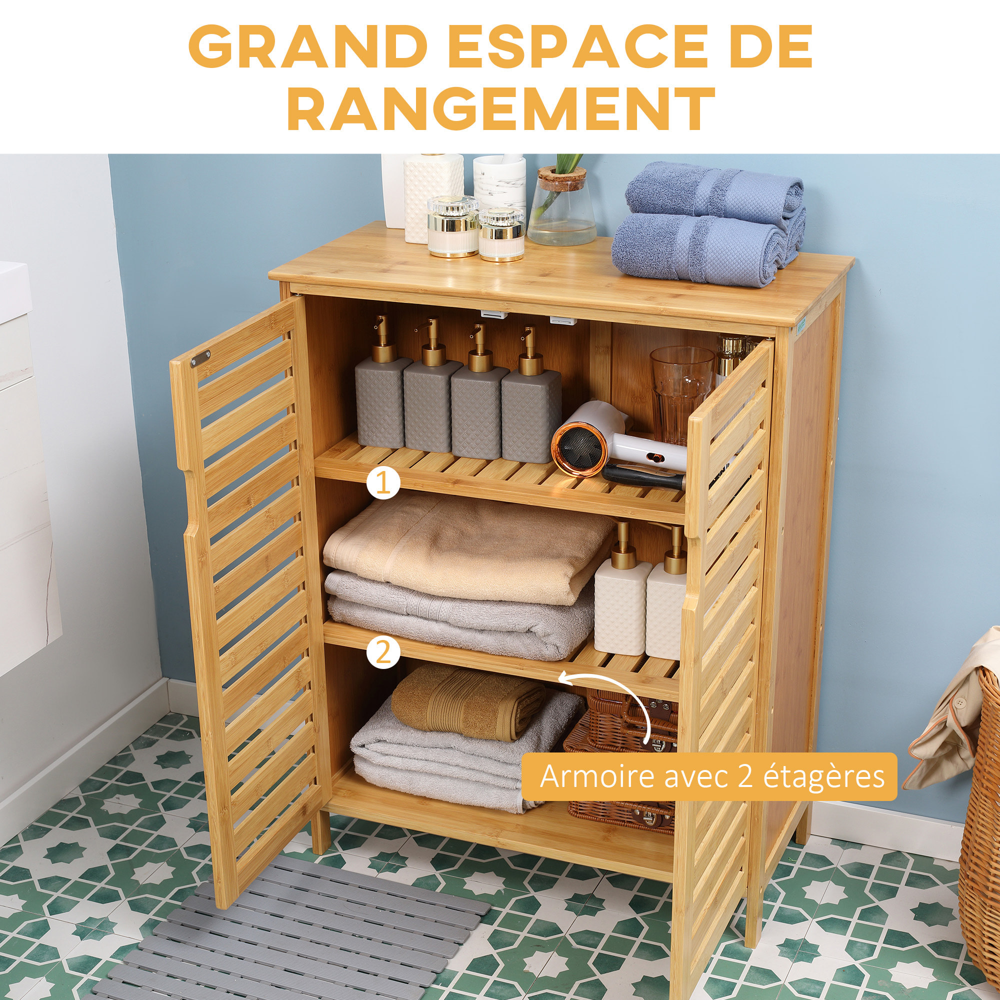 Meuble salle de bain bois bambou 2 portes 2 étagères dim. 60 x 30 x 120 cm naturel