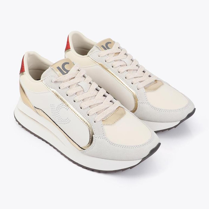 Sneaker platform bicolore in tessuti combinati e dettagli in pelle