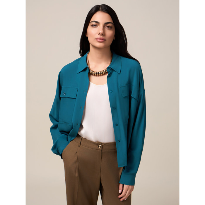 Oltre - Camisa de viscosa con bolsillos - Petrol Blue