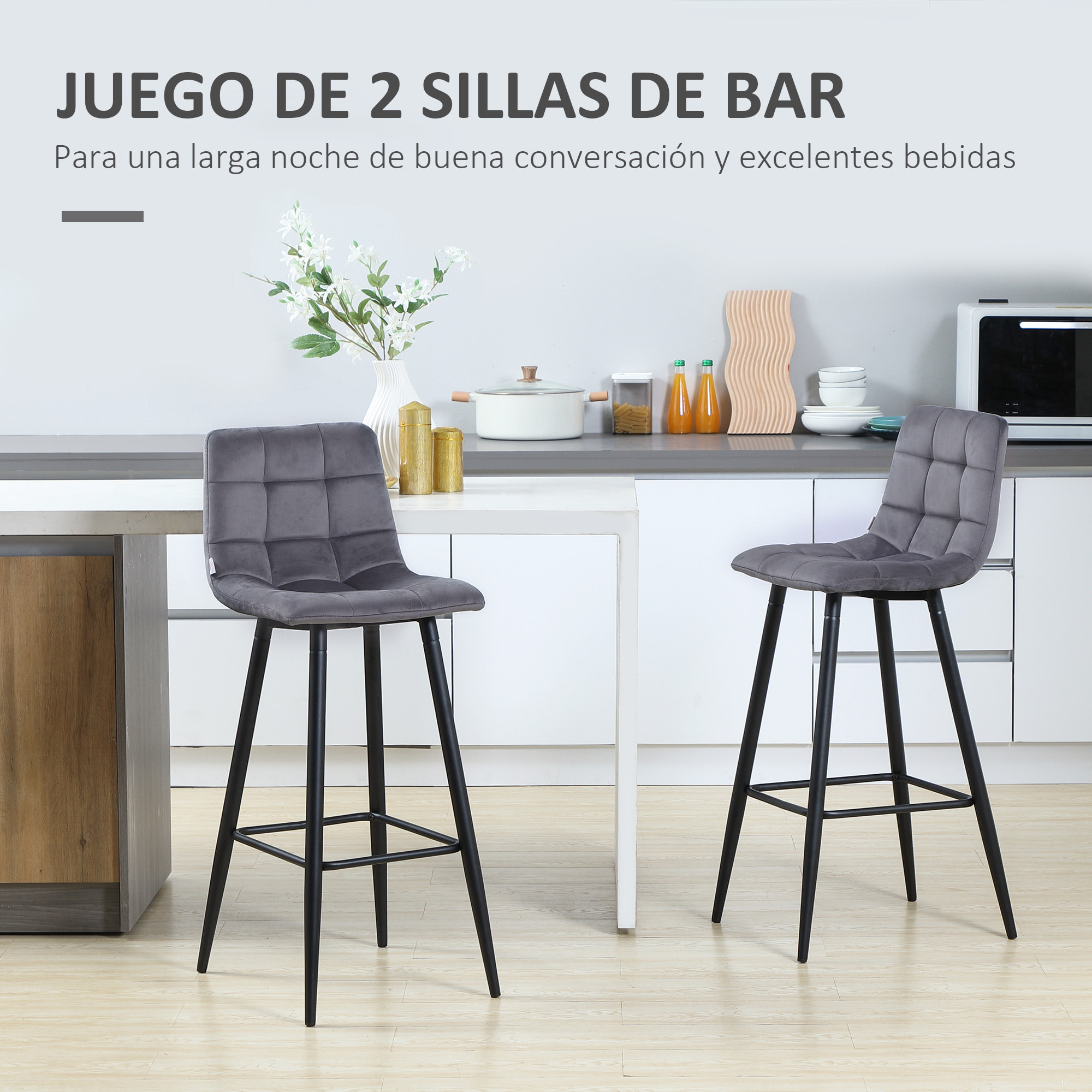 Juego de 2 Taburetes Altos de Cocina, Taburetes de Bar Tapizados en Terciopelo, con Reposapiés y Respaldo, Estructura de Acero, para Comedor, Mostrador, Gris
