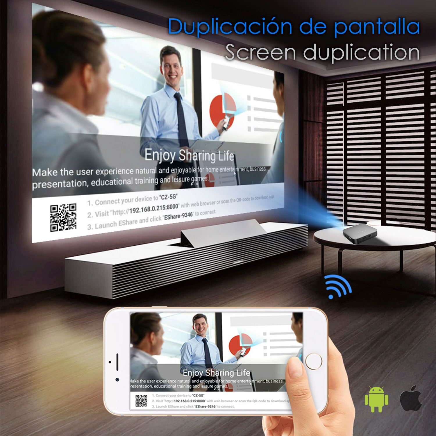 Mini videoproiettore portatile LED S200, DLP. Android 9.0, Wi-Fi, pannello touch. Batteria ricaricabile. Mirroring dello schermo. Netflix, YouTube, ecc.