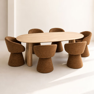 Ensemble table ovale 220cm et 6 fauteuils pivotants en tissu canelle ALBA