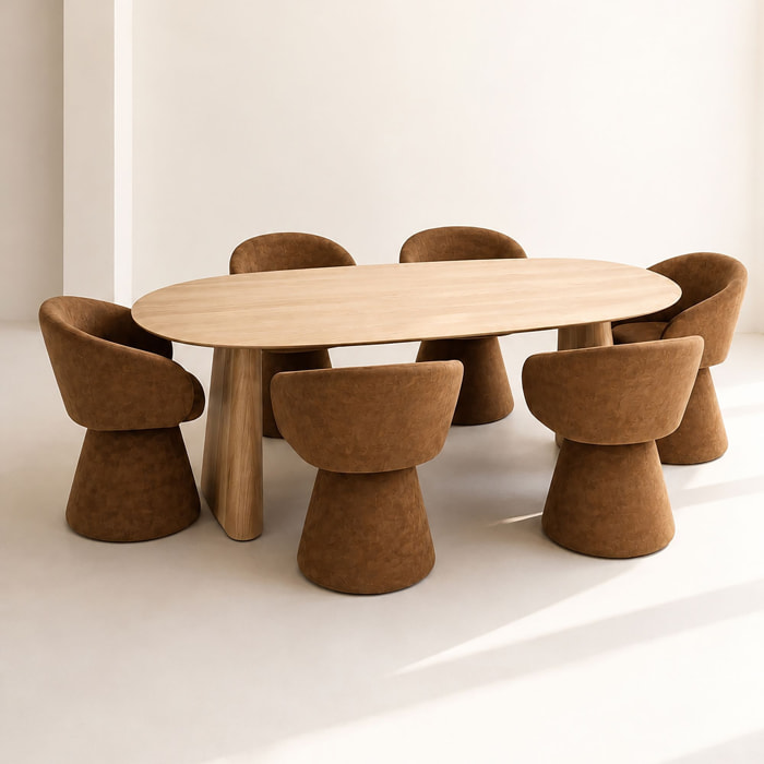 Ensemble table ovale 220cm et 6 fauteuils pivotants en tissu canelle ALBA