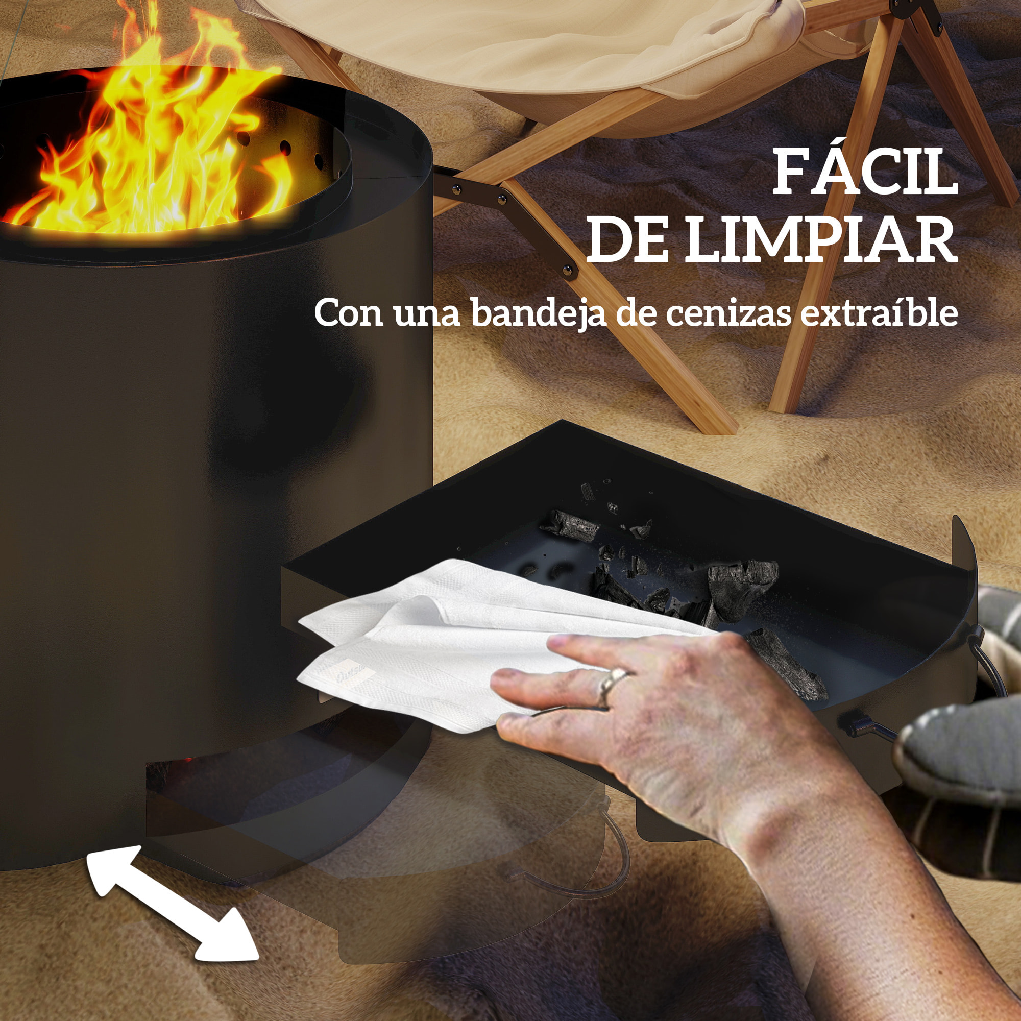 Brasero Exterior Redondo Ø45x42 cm de Acero Brasero Exterior Jardín con Bandeja para Cenizas y Atizador Protector de Chispas para Terraza Camping Fiesta Negro