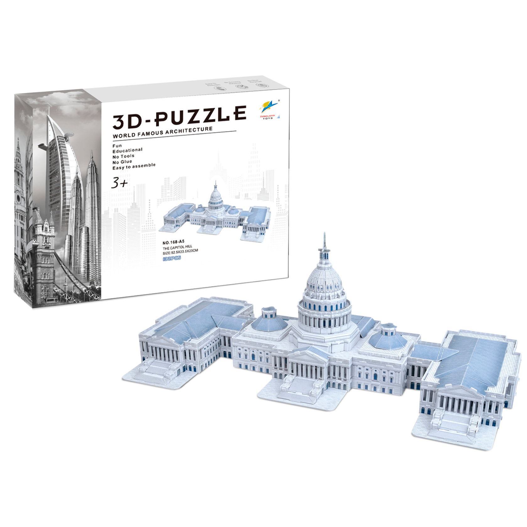 Puzzle 3D del Campidoglio negli Stati Uniti. Comprende 132 pezzi che puoi assemblare senza bisogno di attrezzi o colla. Raccomandato per i bambini sopra i 3 anni.