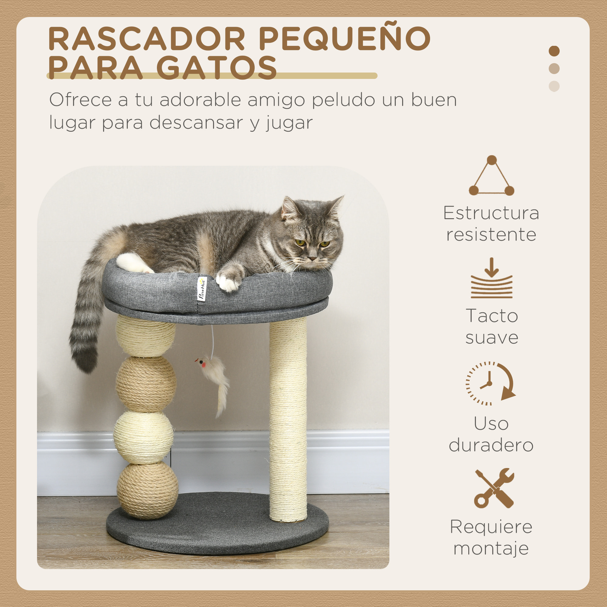 Árbol Rascador para Gatos Pequeño Torre para Gatos Centro de Actividades para Gatitos con Nido 4 Bolas y Poste de Sisal Carga 15 kg Ø40x48 cm Gris y Beige