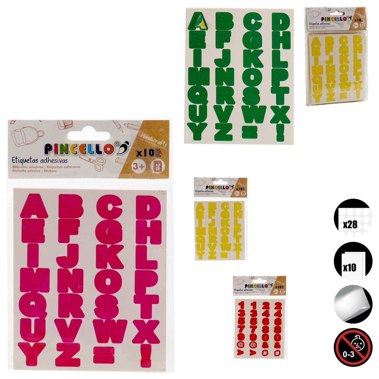 12 PACKS PEGATINAS LETRAS Y NUMEROS SURT 4 COL