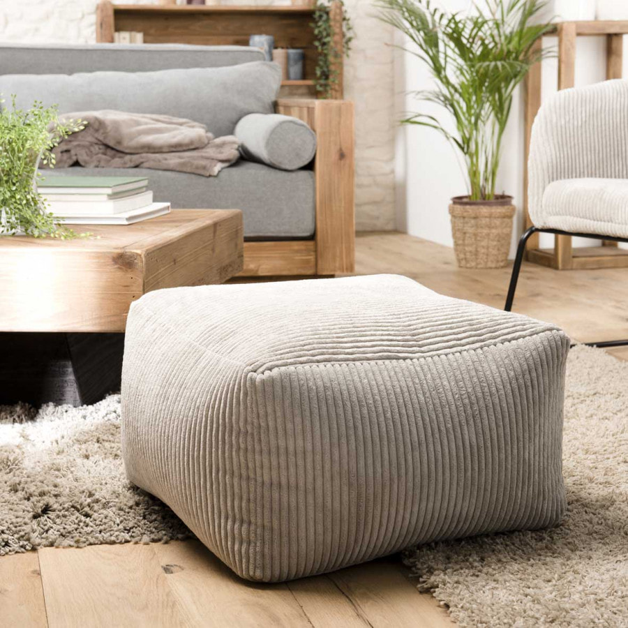 ALBANE - Pouf carré 57x57cm tissu velours côtelé gris perle