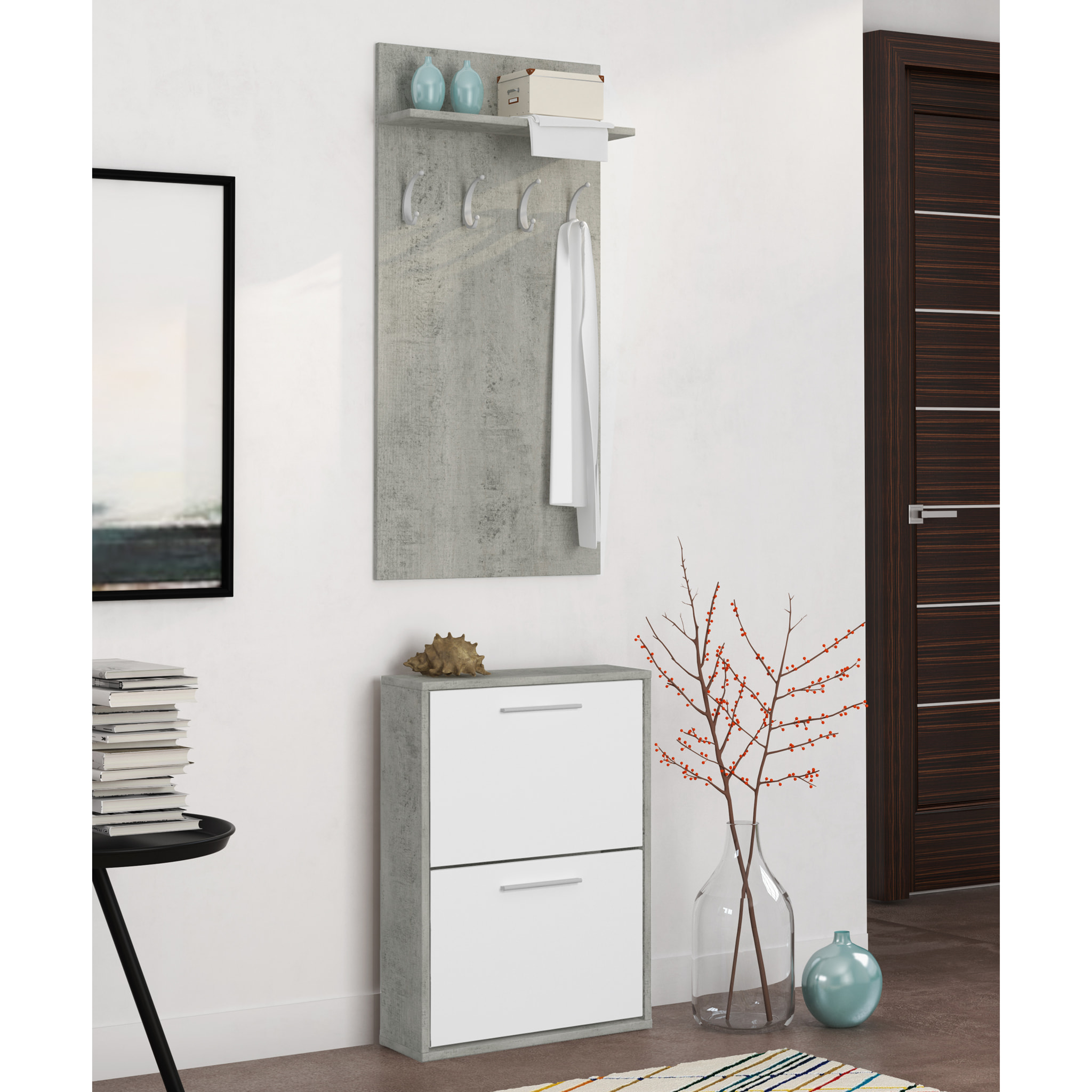 Set Ingresso Salvaspazio con Scarpiera 2 Ribalte e Appendiabiti da Parete Mensola Mobile Moderno Portascarpe 54x73x18 Cm Bianco Grigio Cemento