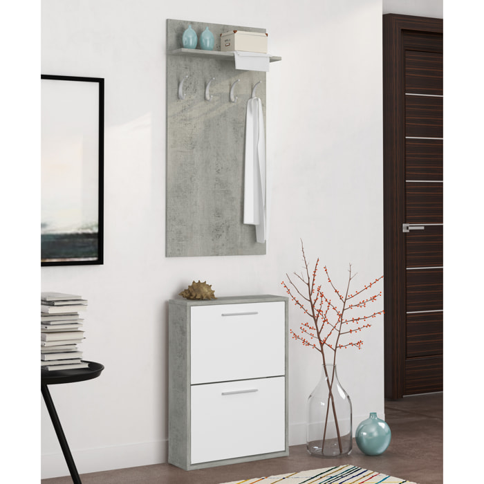 Set Ingresso Salvaspazio con Scarpiera 2 Ribalte e Appendiabiti da Parete Mensola Mobile Moderno Portascarpe 54x73x18 Cm Bianco Grigio Cemento
