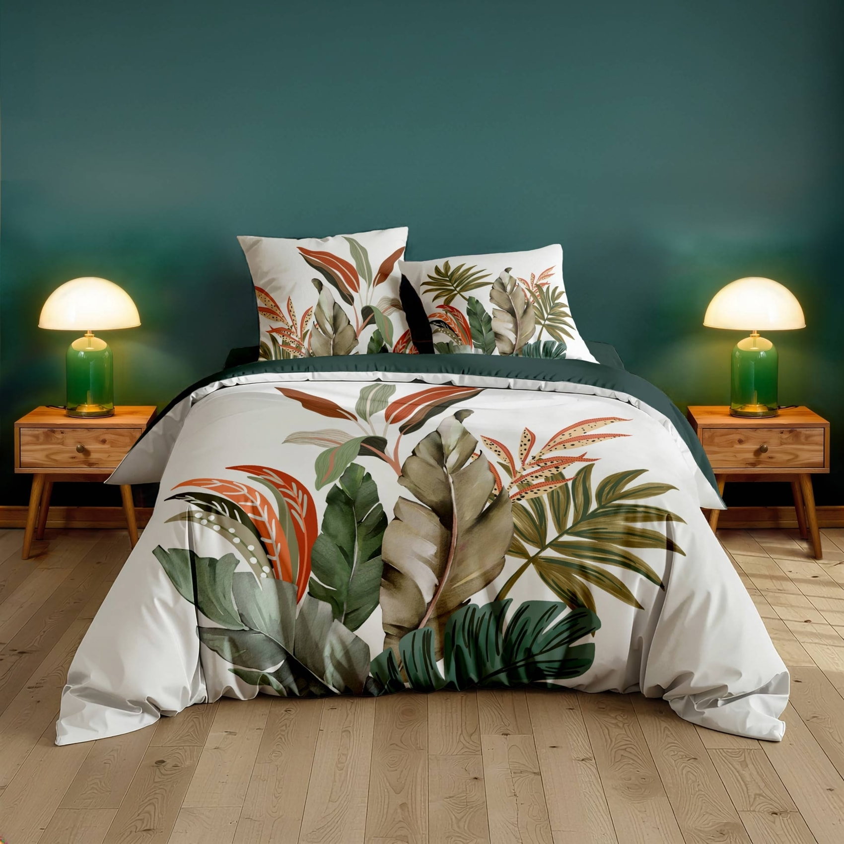 Parure de lit 3 pièces 100 % coton imprimé à motif tropical housse + taies - Vert
