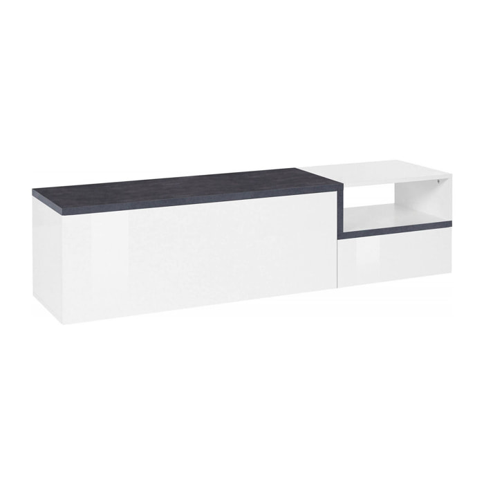 Mobile porta TV Fluorite, Credenza bassa da soggiorno a 2 ante, Base porta televisione, 100% Made in Italy, cm 160x40h46, Bianco lucido e Ardesia