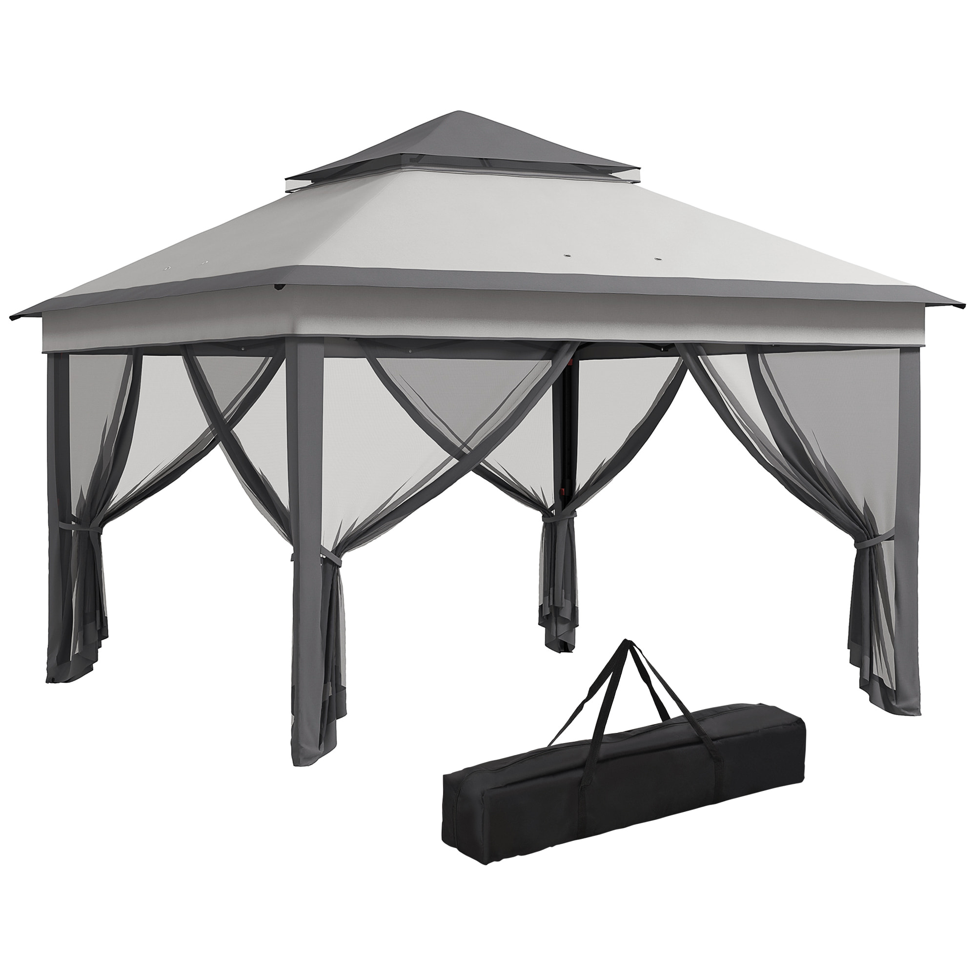 Carpa Plegable 3,26x3,26x2,72 m Cenador de Jardín con Doble Techo Altura Ajustable en 3 Niveles 4 Mosquiteras Protección UV30+ Impermeable y Bolsa para Fiestas Camping Gris