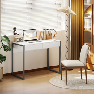 Escritorio con 2 Cajones, 100x50x75 cm, Mesa de Escritorio, Mesa de Ordenador, Marco de Acero, para Casa, Oficina, Espacios Pequeños, Blanco Brillo