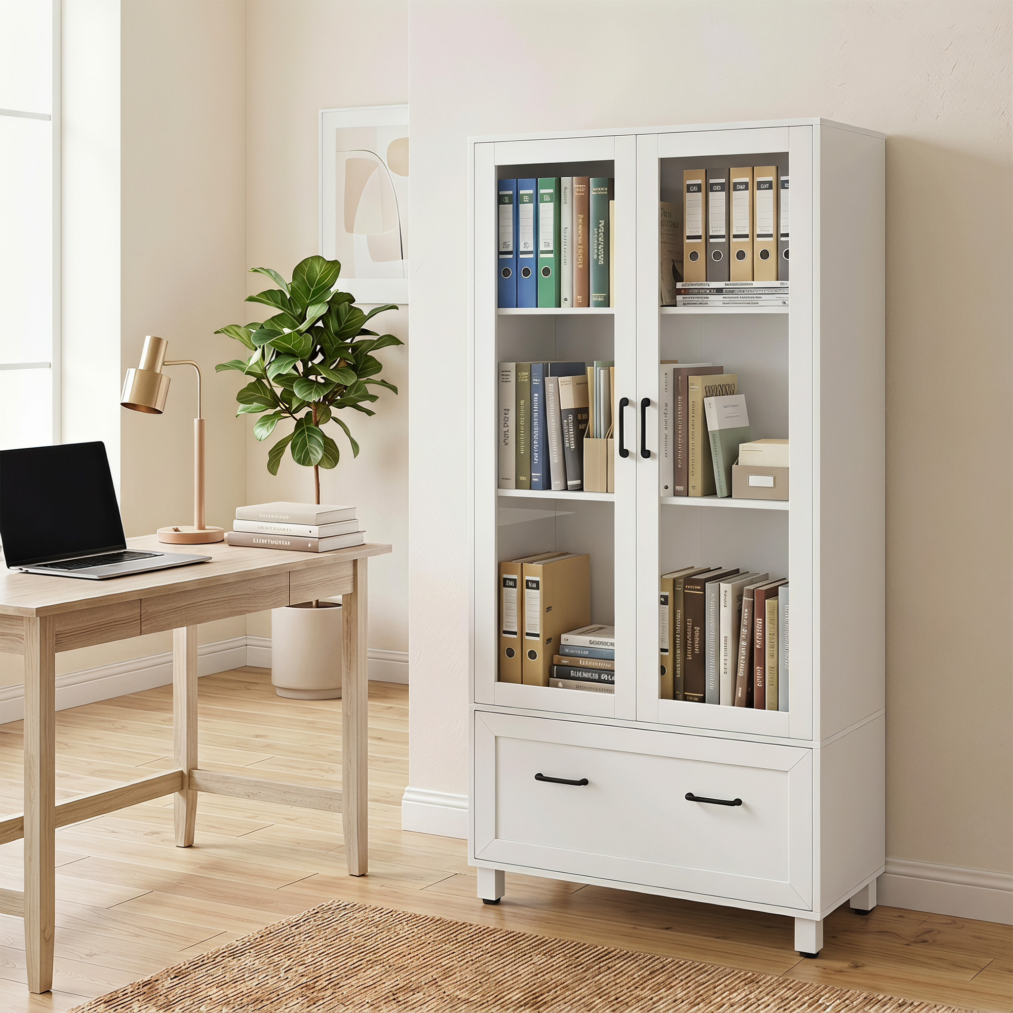 Archivador Vertical con Puertas de Cristal y Cajón, Armario de Oficina con 3 Estantes y Barras Ajustables para Archivos Tamaño A4, Carta y Legal, para Estudio, Salón, 75x40x141 cm, Blanco