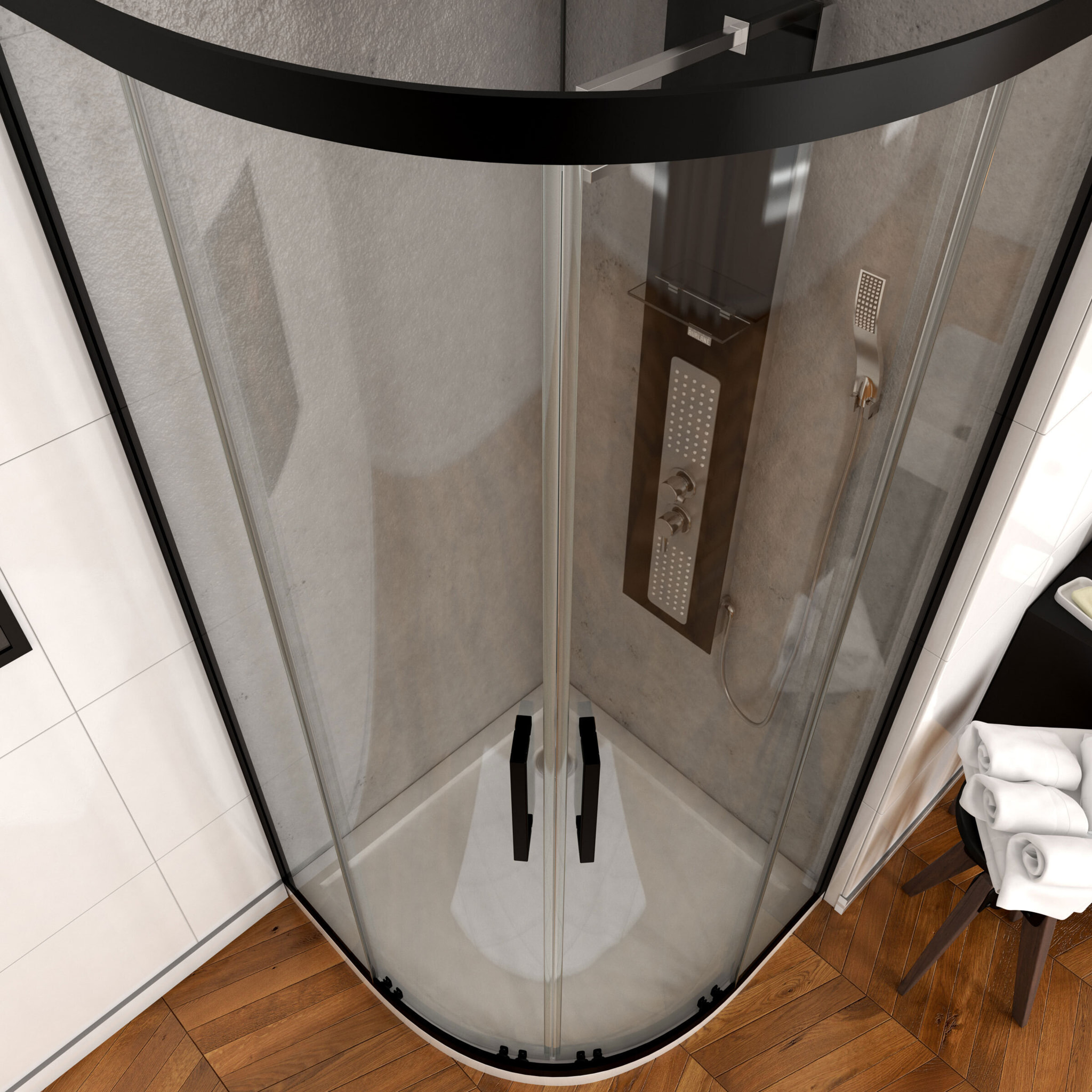 Porte de douche quart de cercle 90x90x200cm - PROFILE NOIR MAT - verre trempé 6mm