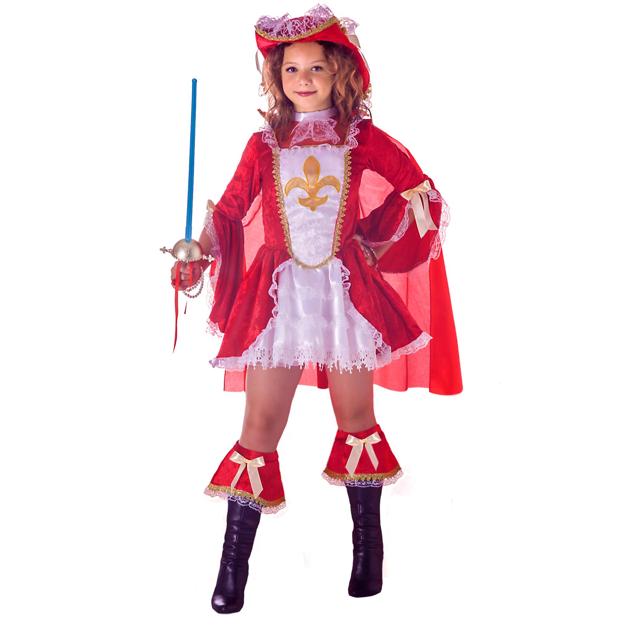 Lady Moschettiera Costume Carnevale 2-In-1 Rosso Bianco Bambina