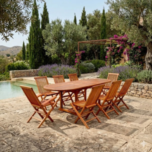 NARRA Table de jardin ovale 6 chaises et 2 fauteuils en teck huilé