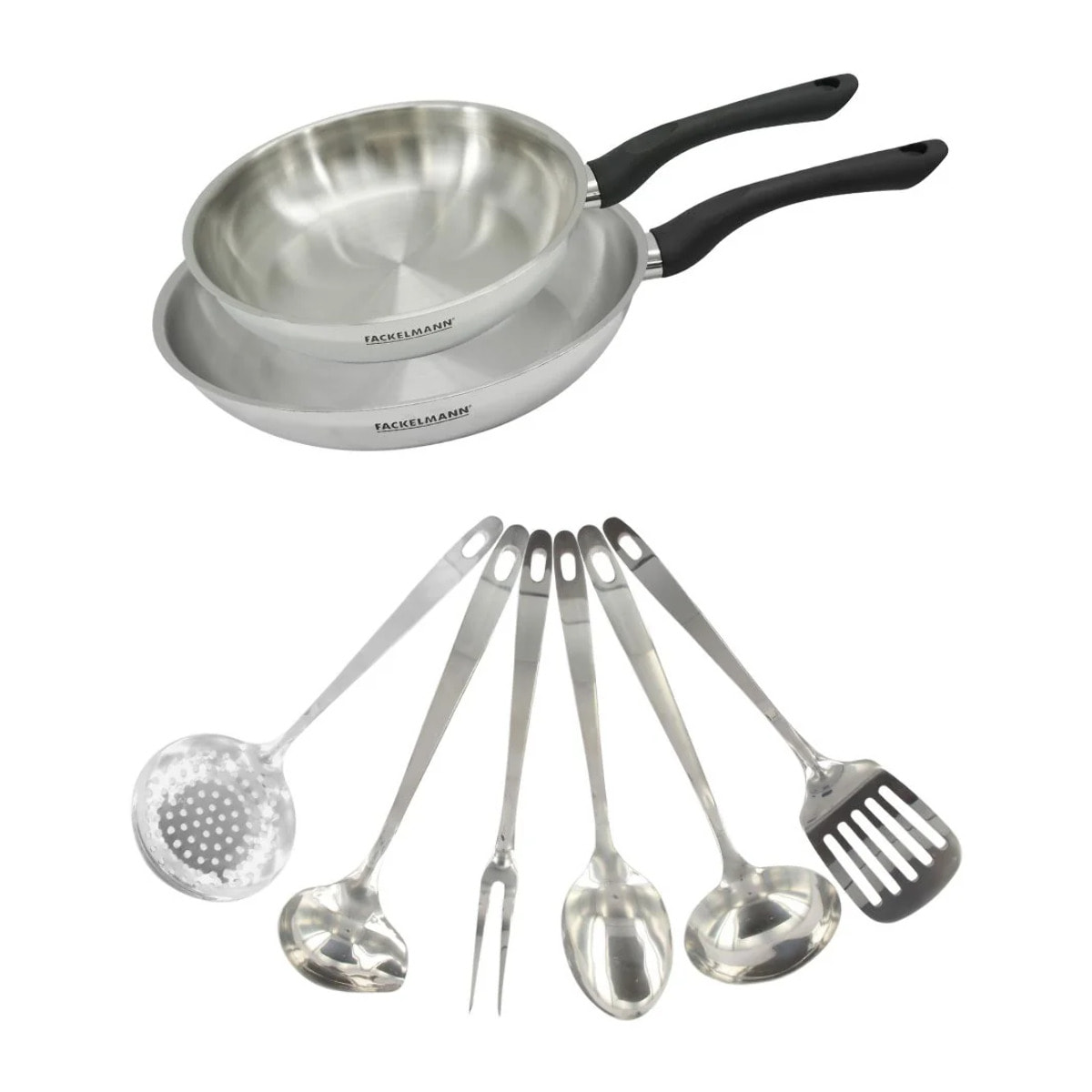 Set 2 poêles en inox et 6 ustensiles inox Fackelmann Geneva