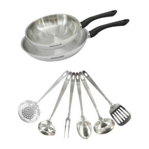 Set 2 poêles en inox et 6 ustensiles inox Fackelmann Geneva