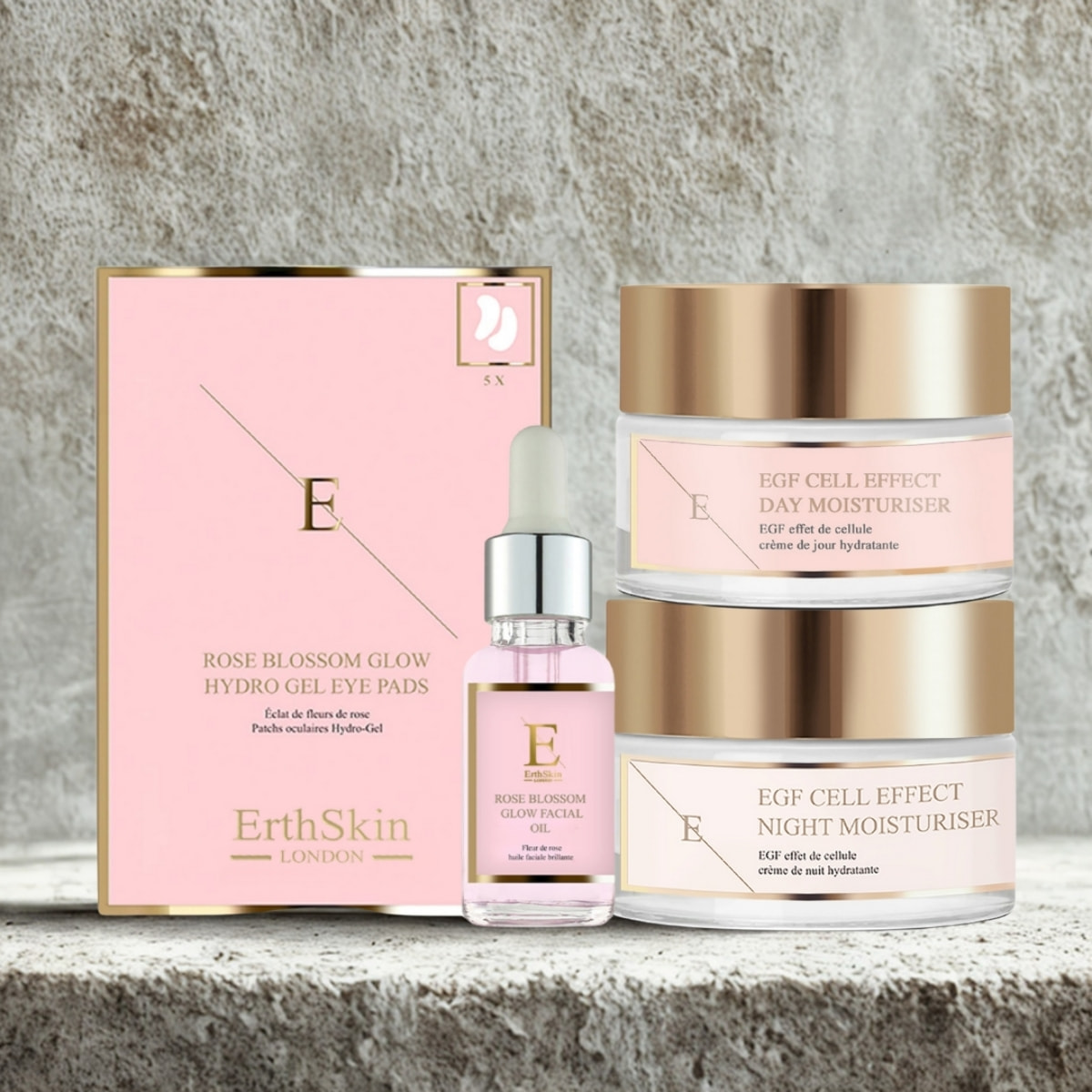 Crema hidratante de día EGF Cell Effect + Crema hidratante de noche EGF Cell Effect + Almohadillas para ojos RoseBlossom + Aceite facial de flor de rosa