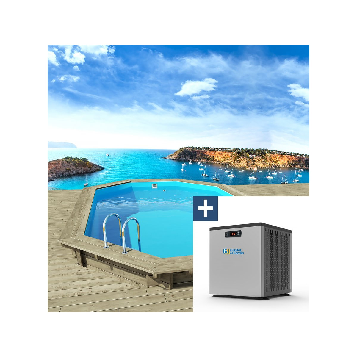 Piscine bois " Miami 130 " - 4.86 x 3.36 x 1.30 m + Mini Pompe à chaleur - Puissance 3.5 Kw