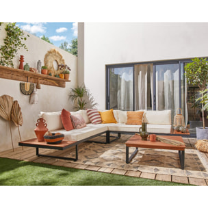Yulara - salon bas d'angle de jardin 5 places - bois, métal et coussins beiges - Noir / Bois / Beige