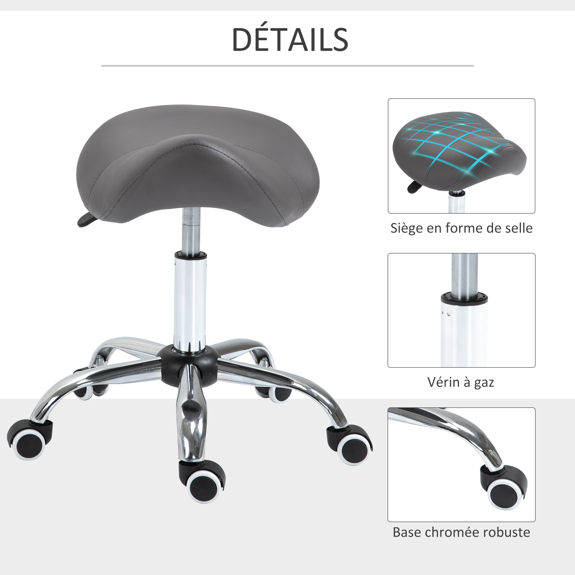 Tabouret de massage tabouret selle ergonomique pivotant 360° hauteur réglable revêtement synthétique gris chromé