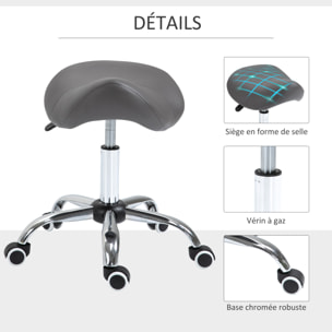 Tabouret de massage tabouret selle ergonomique pivotant 360° hauteur réglable revêtement synthétique gris chromé