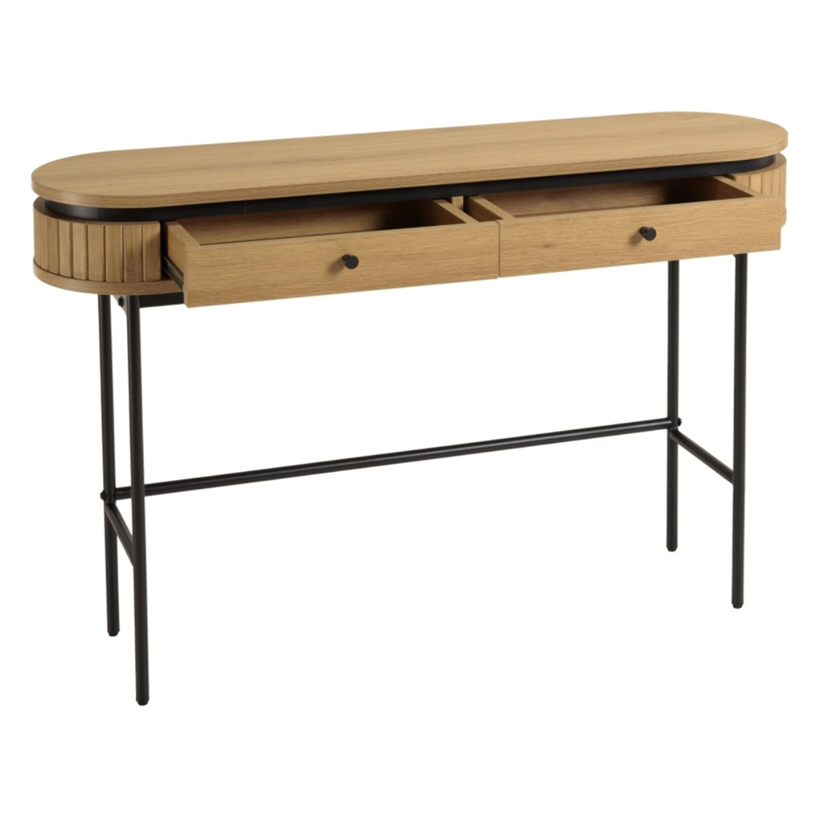 ETHAN - Console arrondie couleur naturelle 2 tiroirs pieds métal noir