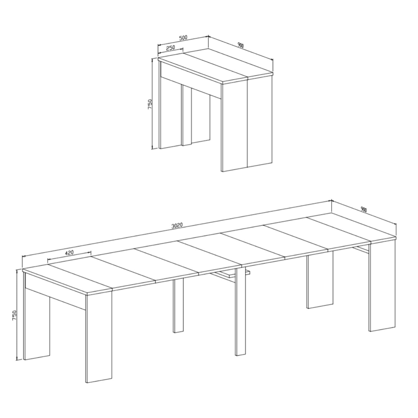 Consolle Tavolo Allungabile Estensibile Moderno Da 50 A 302 cm 6 Allunghe Per 14 posti Guide In Metallo Salvaspazio Soggiorno Salotto Cucina Bianco