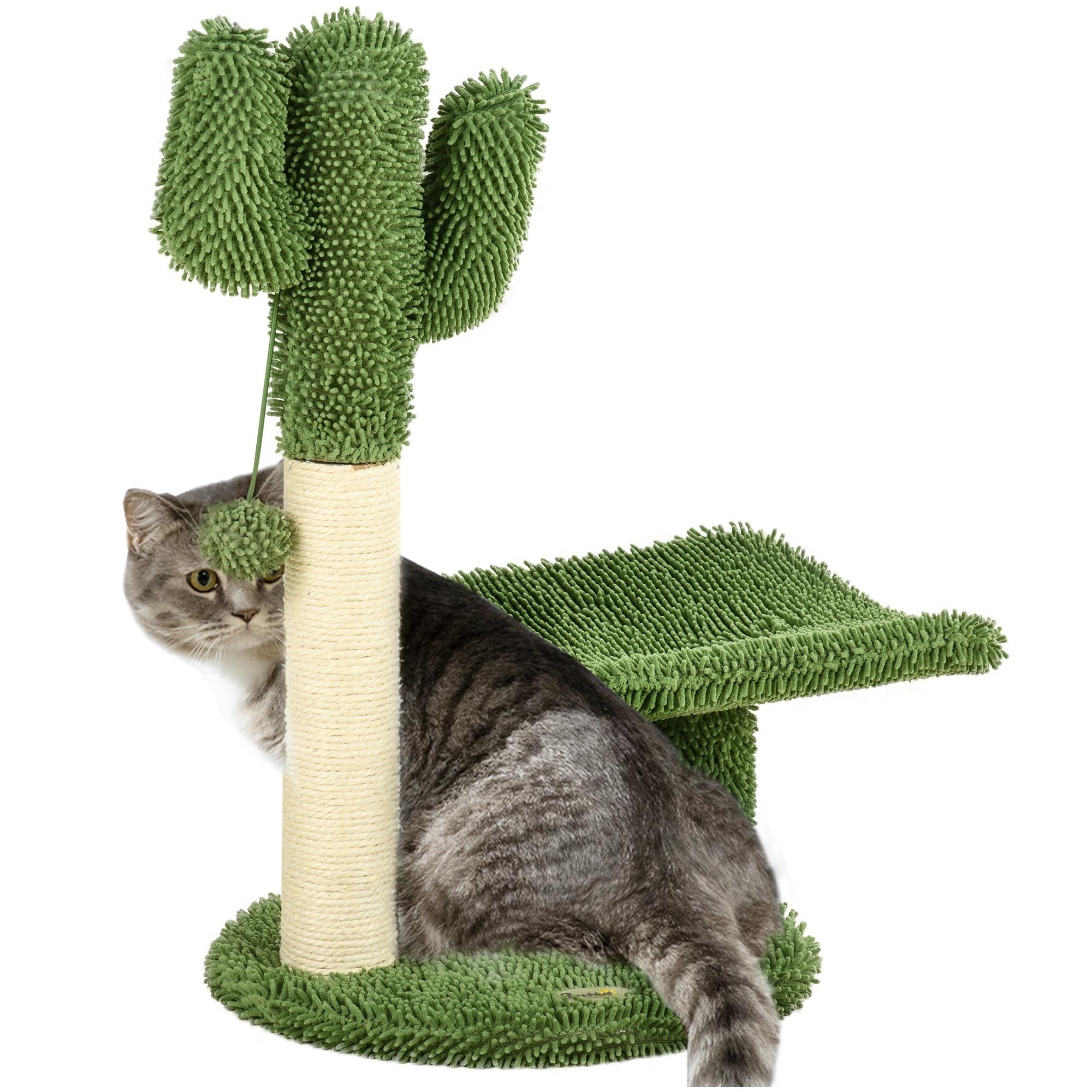 Árbol Rascador de Cactus para Gatos de 55,5 cm Torre para Gatos de Interior con Postes de Sisal Cama y Bola de Juguete 35x31x55,5 cm Verde